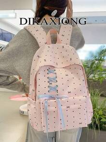 Dot Bow Print Backpack For Girls, Lace-Up Front Ribbon Decor Multi-Pocket Lightweight Casual Daypack School Rucksack Daily Use - Multicolor - View 1