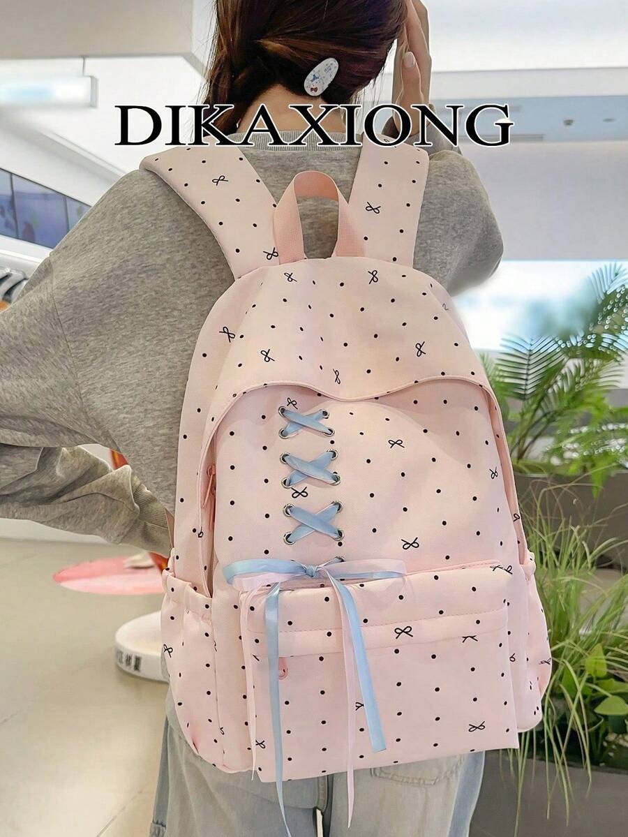 Dot Bow Print Backpack For Girls, Lace-Up Front Ribbon Decor Multi-Pocket Lightweight Casual Daypack School Rucksack Daily Use - Multicolor - View 1