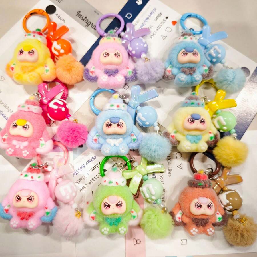 New Adult Unisex Sweetheart Large Ear Flocked Outer Solid Color Plastic Keychain, Fashionable Cute Cartoon Accessory, Bag Charm Key Chain - Multicolor - View 1