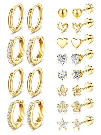 1 Set Hypoallergenic Women's Gold Stud Earrings - 14k Gold Plated Surgical Stainless Steel Flat Back Earrings Set, Small Huggie Hoop Flat Back Earrings, 4-12 Pairs Set Gold/Silver Suitable For Sensitive Ears Screw Back Rotary Piercing Jewelry