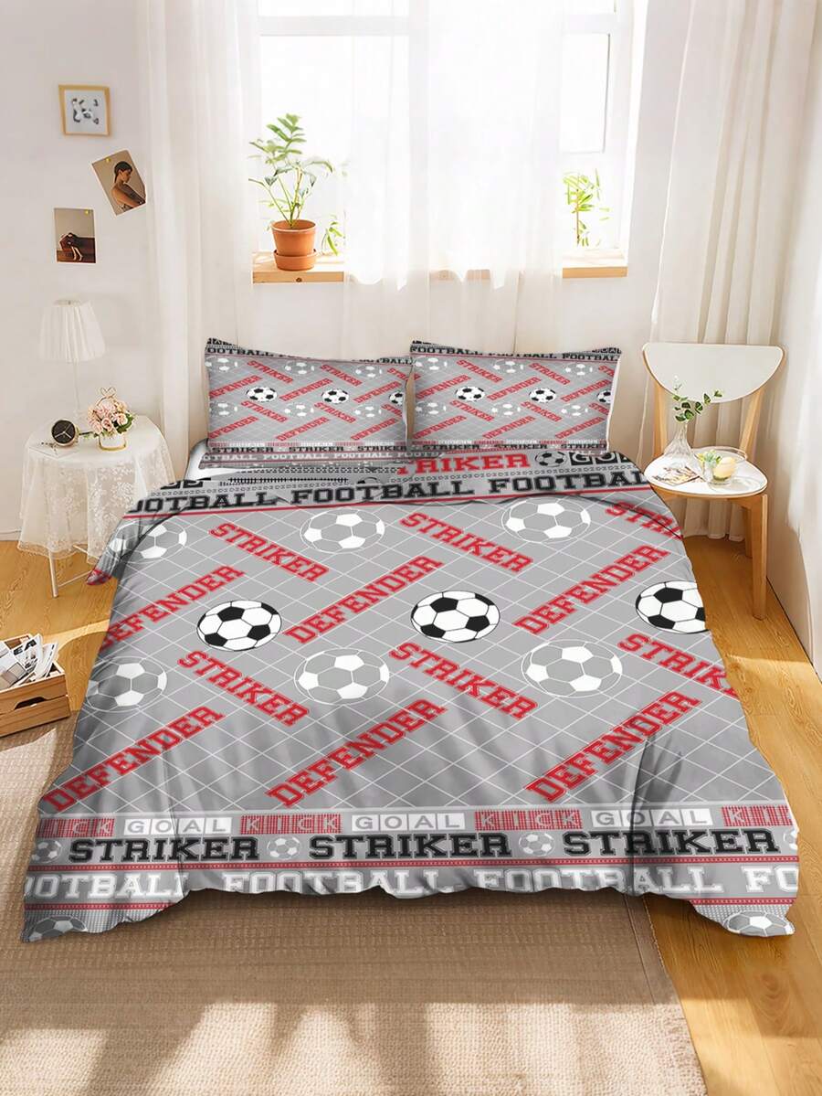 2/3件組足球被套組,足球前鋒後衛印花床品套裝,灰色格紋足球運動床單被套,適合兒童、青少年、成人男孩臥室 - 彩色 - 查看 1