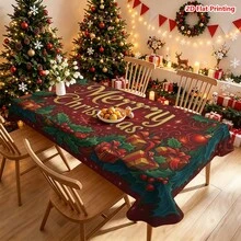 1/2件組聖誕主題桌布，金色「Merry Christmas」文字，環繞冬青葉、紅漿果、懸掛紅球裝飾、雪花、禮物盒與緞帶，適用廚房餐桌布置、餐廳節日裝飾、野餐露營場景、派對桌面點綴、農舍風創作、日常桌面美化與節日氛圍提升 - 彩色 - 查看 8