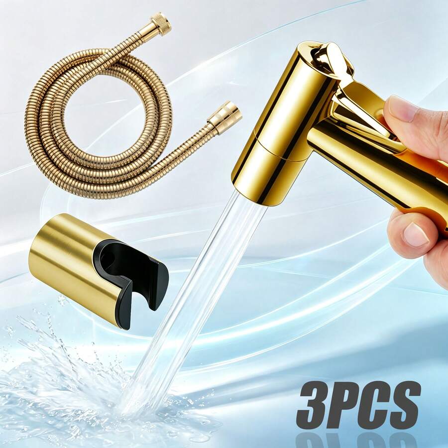 3pcs Gold Toilet Sprayer Set, High Pressure Handheld Bidet With Bracket And Flexible Hose, Bathroom Accessories - Spray Gun - View 1