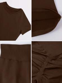 NcmRyu Women's One Set Solid Color Ribbed Seamless Crew Neck Short Sleeve Soft High Waist Ruched Athletic Tight Long Pants Set - Mocha Brown - View 4