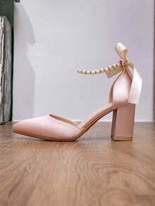 New Spring/Autumn Fashion Wedding Pearl Ribbon Pink Satin Pumps, Comfortable Breathable One-Strap Chunky Heel Sexy Elegant Women's High Heels - Baby Pink - View 6