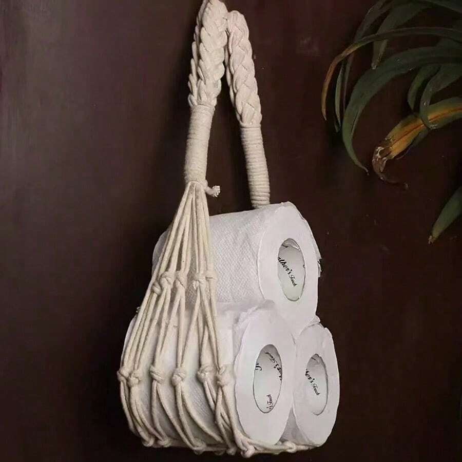 1pc Handmade Woven Toilet Paper Roll Storage Holder, Bathroom Tissue Paper Net Bag - Multicolor - View 1