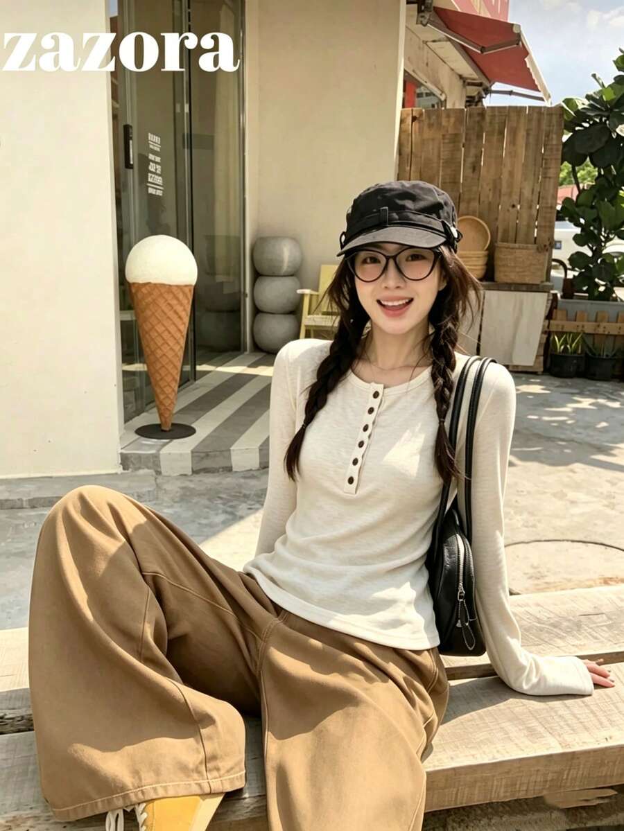 Atasan Wanita Gaya Korea Model Korea dengan Kerah Bulat dan Kancing Depan, Lengan Panjang Pas Badan, Atasan Dasar Lapisan Dalam Serbaguna untuk Musim Gugur - warna oatmeal - View 1