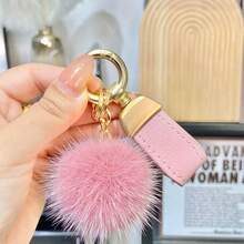 Light Luxury Pink Leather Lanyard Mink Fur Pom Pom Bag Charm, Minimalist High-End Plush Ball Keychain, Car Key Pendant, Small Holiday Gift For Women And Best Friends - Multicolor - View 9