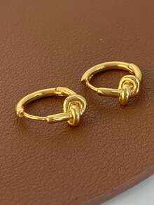 1 Pair Minimalist Metal Geometric Knot Earrings, Fashionable Versatile Women's Casual Ear Hooks, Suitable For Daily Wear, Commuting, Parties, Business Banquets And Any Occasion - Gold - View 6
