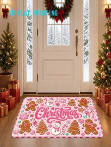1pc,2d Flat Printing, Pink Christmas Themed Floor Mat - Velvet Material, Gingerbread Man Snowman Pattern, Festive Atmosphere Carpet, Colorful Anti Slip, Machine Washable Carpet, Suitable For Home Decoration, Entrance, Hall, Bathroom And Balcony - A - View 11