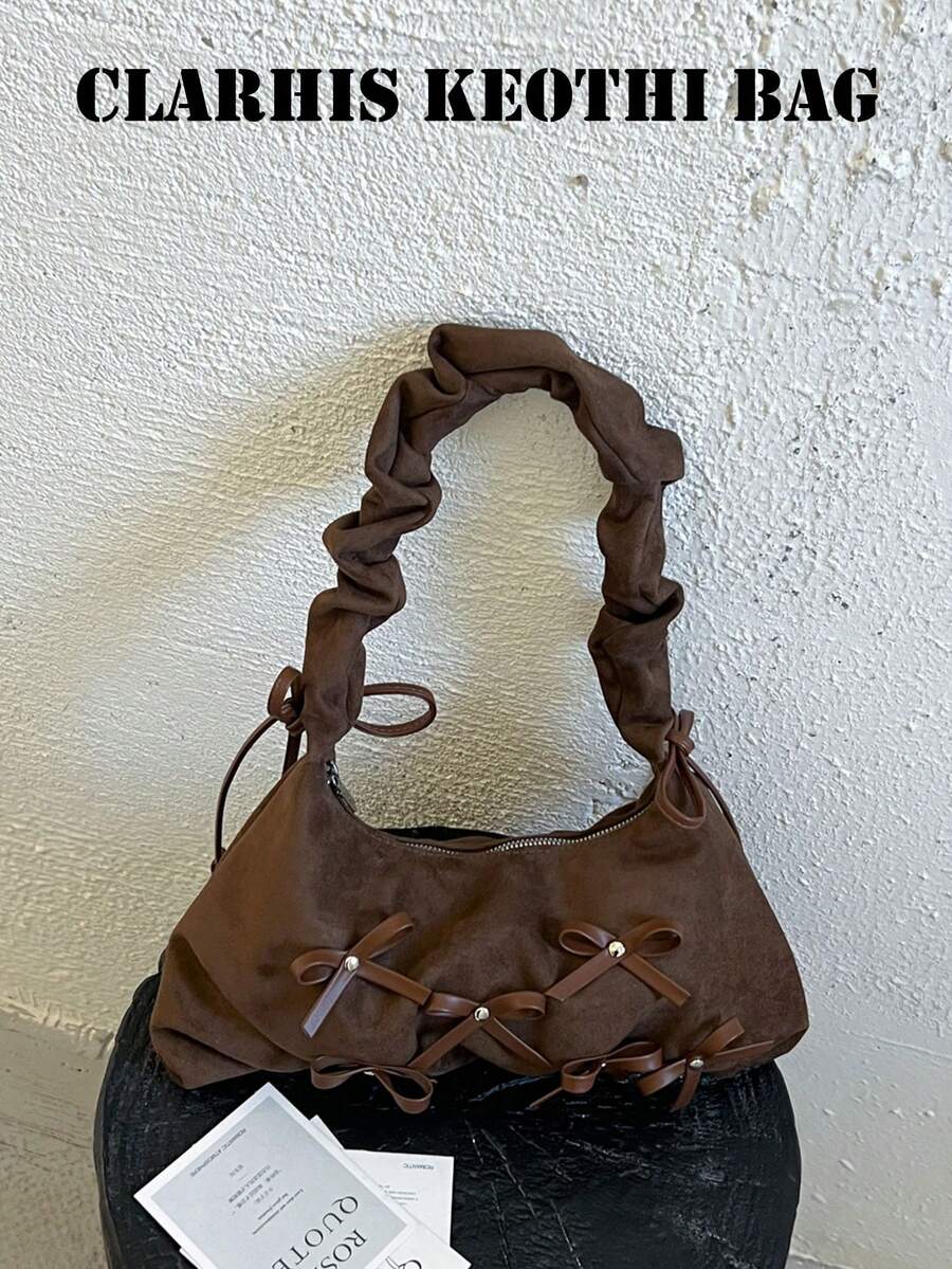 Soft Suede Underarm Shoulder Bag For Women, Vintage Maillard Style, Zipper Closure, Fits Phone And Cosmetics, Ruched Strap, Sweet Cool Aesthetic, Brown Niche Handbag For Daily Outings, Dating And Shopping - Coffee - View 1