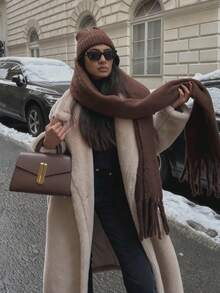 1pc Thick Solid Color Fleece Mohair Tassel Scarf, Chic Autumn/Fall Warm Couple Shawl, Soft & Comfortable Blanket Scarf, Suitable For Daily Wear - White - View 1