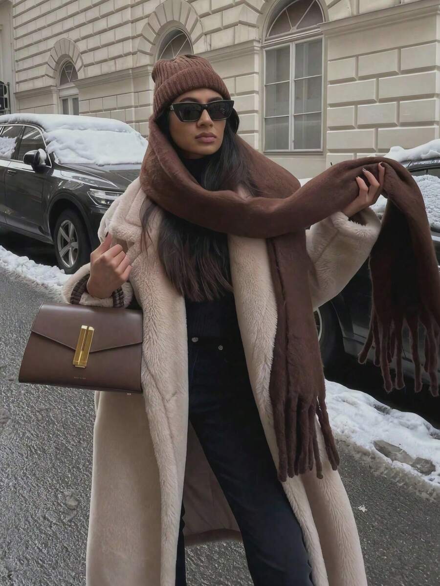 1pc Thick Solid Color Fleece Mohair Tassel Scarf, Chic Autumn/Fall Warm Couple Shawl, Soft & Comfortable Blanket Scarf, Suitable For Daily Wear - White - View 1