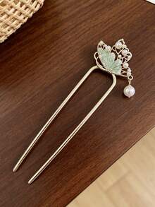 1pc French Style Metal Hollow Butterfly U-Shaped Hair Pin With Green Oil-Drip Textured Pearl Pendant, Bridal Banquet Back-Of-Head Updo Hair Accessory - Multicolor - View 3