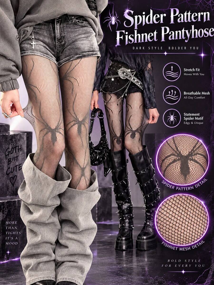 1pc Women's Lolita Spider Lace Patchwork Sheer Pantyhose, Personalized Fashion Thigh High Stockings - Multicolor - View 1