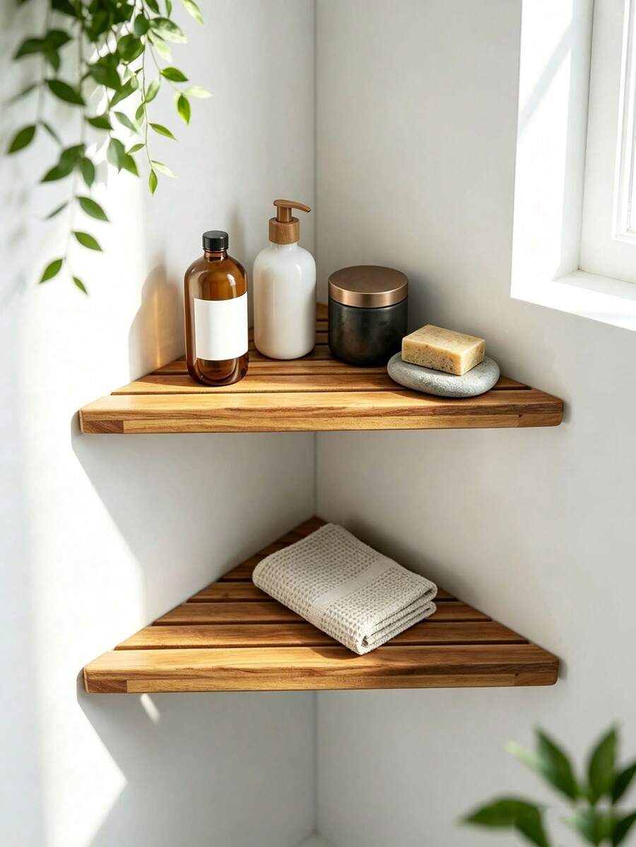 Wooden Corner Shower Rack Triangular Corner Stand For Bathroom Tiles,Home Deccor Room Decor Bedroom Decor, Multipurpose Wall Display Rack For Bathroom, Bedroom, Kitchen - View 1