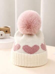 1pc Winter Knitted Hat, Cute Heart Pattern Pom Pom Beanie, Soft Warm Ribbed Cuff Knit Cap For Girls And Boys, Suitable For Outdoor Cold Weather, Fits 0-2 Years Old - Multicolor - View 7