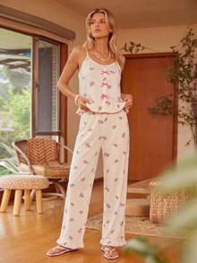 Gentle Beige & Pink Tulip Print Long Nightgown With Bright Pink Bow Thin Straps And Ruffle Hem - White - View 4