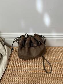 Autumn/Winter New Fashion Ruched Faux Suede Bucket Bag Mini Phone Bag Small Square Bag Commuter Style Women's Bag With Tassel - Dark Green - View 8