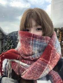 1pc Multicolored Plaid Scarf For Women, Warm Shawl Wrap, Student Style, Tasseled Neck WarmerNew Collection, Winter For Dress - Red - View 2