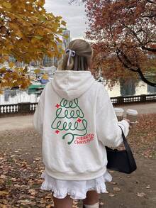 Sweatshirt Wanita Motif Pohon Natal, Sweatshirt Lengan Panjang dengan Kantong, Gaya Jalanan, Lapisan Hangat, Musim Gugur/Dingin - Putih - View 1