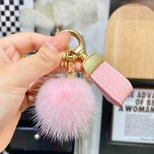 Light Luxury Pink Leather Lanyard Mink Fur Pom Pom Bag Charm, Minimalist High-End Plush Ball Keychain, Car Key Pendant, Small Holiday Gift For Women And Best Friends - Multicolor - View 8