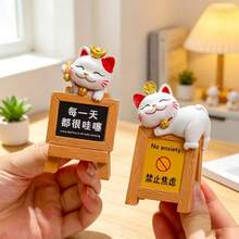 Lucky Cat Mini Figurine With Message Board, Cute Desktop Decor Statue, Office Workspace Stress Relief Ornament, Desk Cabinet Decoration, Creative Gift - Multi-color - View 2