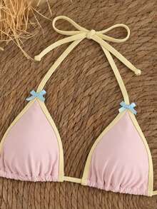 Women's Halter Triangle Bikini Set High Elasticity Swimsuit Side Tie Contrast Binding Beach Swimwear - Multicolor - View 4