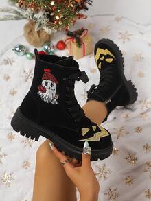 Autumn/Winter Vintage Flat Side Zipper Cross Strap Ankle Boots Chunky Heel Mid-Heel Women's Lace-Up Boots - Black - View 3