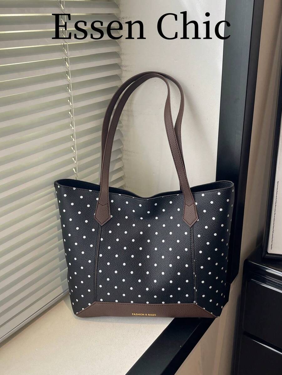 1 buah Tas Tote Patchwork Kapasitas Besar Motif Polkadot Hitam PU untuk Wanita