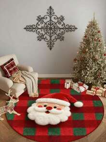 Round Burgundy Christmas Tufted Rug Checkered Border Snowman Gingerbread Gift Candy Cane Plush Rug - Multicolor - View 3