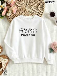 Kids Casual Cute Hoodie, Round Neck Long Sleeve With Cartoon & Text Print, Comfortable Breathable For Spring Autumn Daily Wear, Perfect Gift - White - View 2