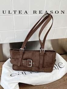 1pc Solid Color Suede Shoulder Bag, Women's Vintage Casual Underarm Bag, Zipper Closure, Adjustable Shoulder Strap, Suitable For Daily Commute Use - Coffee - View 8