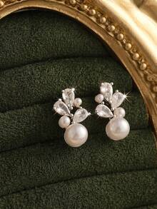 Round Pearl Earrings With Diamonds, Minimalist Style Pearl Studs, Delicate Pearl Earrings, Wedding Accessories, Bridesmaid Gift. - Silver - View 4