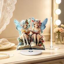 2D Flat Acrylic Fairy Desktop Ornament, Double Fairies With Butterfly Wings Reading, Waterproof Acrylic Decor, Fantasy Home Decor And Gift - A - View 3