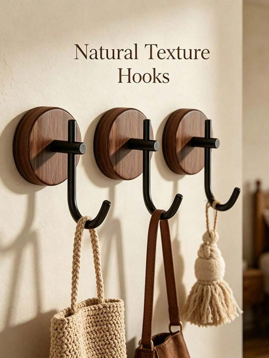 1/4 Packs Wall Mounted Hooks, Natural Walnut Wood Material, No Drill Clothes Hooks, For Entryway, Kitchen, Hallway, Bedroom, Living Room, Bathroom, Storage And Decor, For Clothes, Towels, Robes, Keys, Space Saving And Easy Installation - Multicolor - View 1