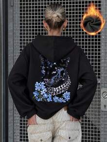Autumn/Winter New Women's Minimalist Fashion & Floral Print Hooded Fleece Sweatshirt, Casual Versatile Suitable For Home, Outdoor Daily Wear - Black - View 3