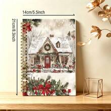 1pc 14*21cm Christmas Snow House Print Notebook, Winter Cabin Holly Bow Pattern Wirebound Journal, Xmas Holiday Themed Notepad For Daily Writing - Multicolor - View 3