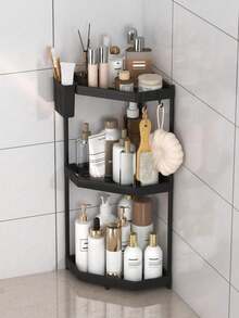 1pc Rust-Proof Triangle Bathroom Shelf, 2/3 Tier Bathroom Storage Rack, Shampoo Organizer, Bathroom Shelf, Kitchen Storage Rack, With Hooks For Hanging Bath Balls, Ding Shelf, Bathroom Accessories, Bathroom Storage, Bathroom Supplies - Black - View 1