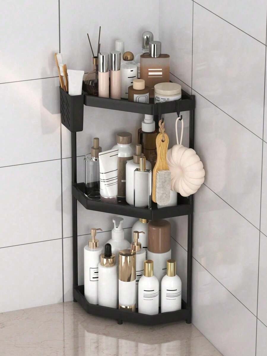 1pc Rust-Proof Triangle Bathroom Shelf, 2/3 Tier Bathroom Storage Rack, Shampoo Organizer, Bathroom Shelf, Kitchen Storage Rack, With Hooks For Hanging Bath Balls, Ding Shelf, Bathroom Accessories, Bathroom Storage, Bathroom Supplies - Black - View 1