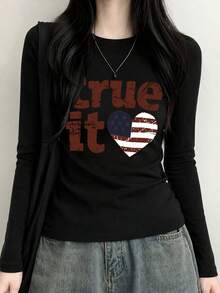 New Short Long Sleeve T-Shirt Women Y2K Generation Red English Flag Print Spring Autumn Korean Style Round Neck Versatile Casual Slim Fit Top - Black - View 1