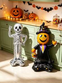 2pcs Standing Pumpkin Wizard Skeleton Foil Balloons With Self-Standing Base, Halloween Balloon Set For Indoor Home Party Decoration, Halloween Photo Backdrop Props, Set Only Includes 2 Balloons Shown In Image, Realistic Holiday Atmosphere Supplies - Halloween Pumpkins + Little Skeletons - View 2