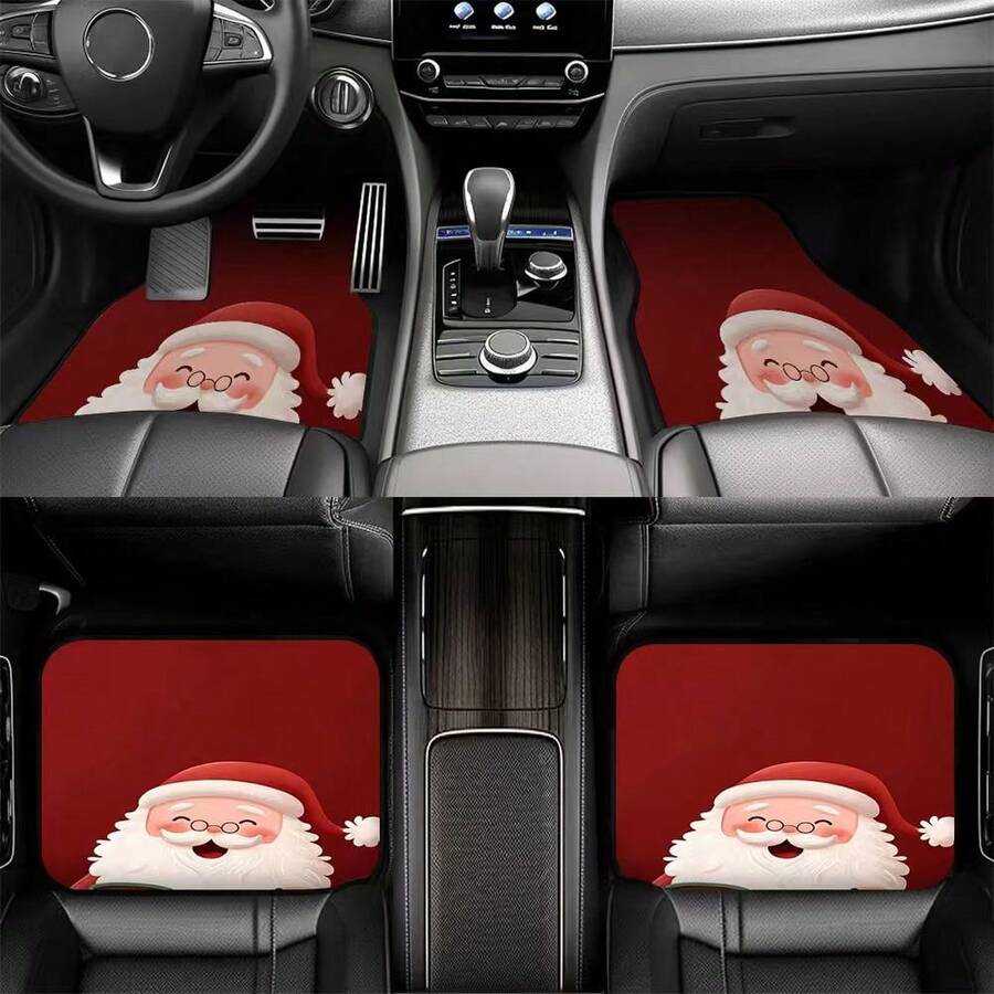 4pcs Universal Car Floor Mats Set, Santa Claus Red Design, Durable Polyester Material, Easy To Clean, Front And Rear Mats, Full Vehicle Protection, Car Interior Accessories, Christmas Gift - Santa Claus - View 1