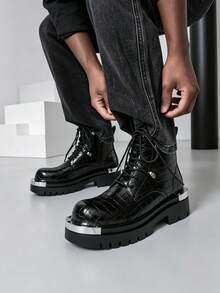 Sepatu Bot Pria Hitam Motif Buaya Timbul dengan Pelindung Jari Kaki Logam, Sol Tebal, Resleting Samping dan Desain Bertali, Sepatu Bot Motor Penambah Tinggi, Sepatu Bot Derby Retro Modis untuk Pria - Hitam - View 5