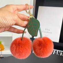 Cute Cherry Faux Rabbit Fur Ball Bag Charm, Leather Leaf Plush Cherry Keychain, Soft Girly Bag Pendant Decoration, Small Gift For Best Friend Birthday And Holiday - Multicolor - View 5