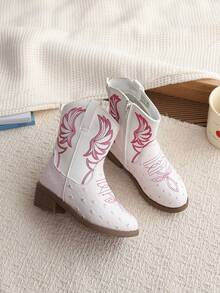 Girls' Pink Embroidered Western Cowboy Boots, Side Zipper Low Heel Retro Boots, Ankle Boots For Little Girls - Beige - View 1