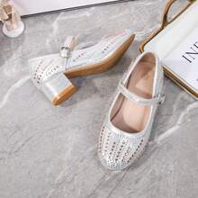 Girls' Fashion Rhinestone Fully Embellished High Heel Pumps, Strap Metal Buckle Design, Princess Style, Suitable For Daily Wear, Parties, Performances, Banquets And Weddings - Silver - View 6