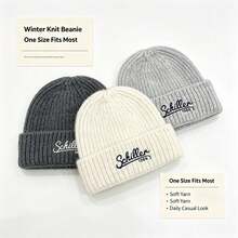 Women Embroidery Chunky Ribbed Knit Beanie Hat, Oversized Big Head Friendly Fluffy Fold Cuff Winter Warm Casual Fall Accessory - Chillen Embroidered Fashionable Korean Style Knit Hat - View 5
