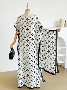 1 Set Faux Silk Minimalist Premium Geometric Floral Print Long Robe Set For Women, Beach Cover-Up Sun Protection Pullover Shawl With Satin Scarf, Perfect For Layering And Daily Wear - Multicolor - View 2