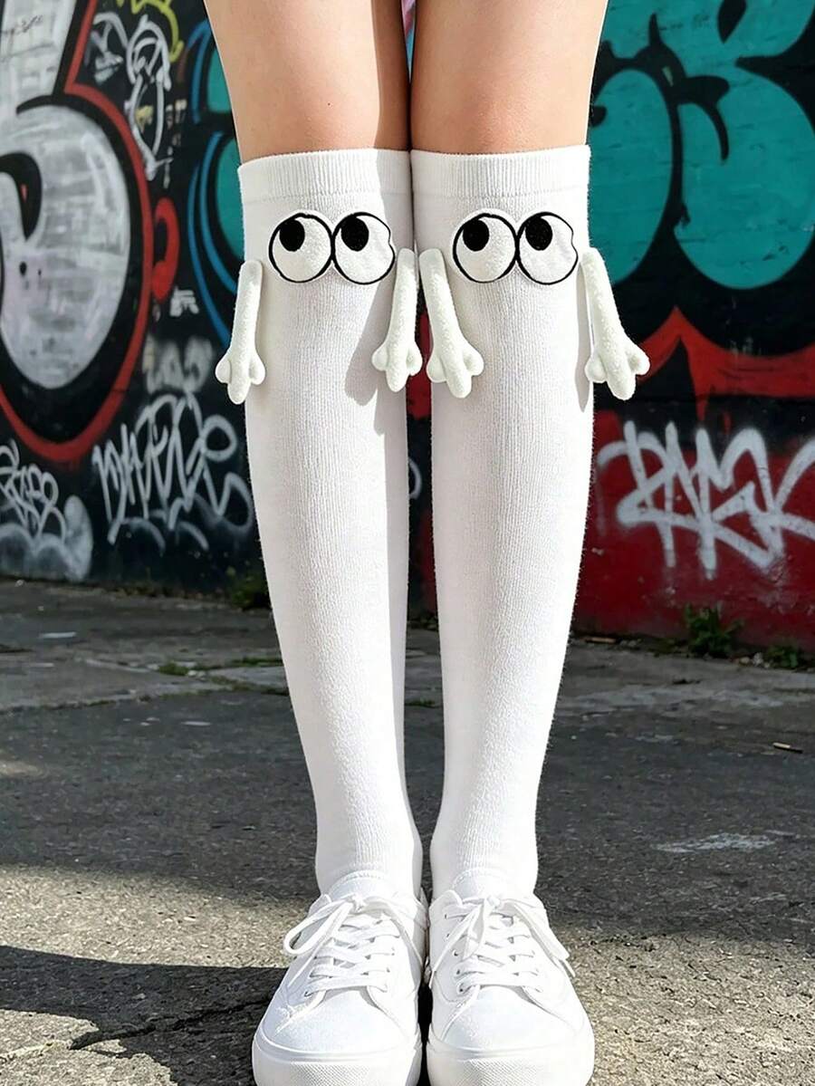 1 Pair Kids White Big Eye Over-The-Knee High Socks, Cute Playful Hand ...